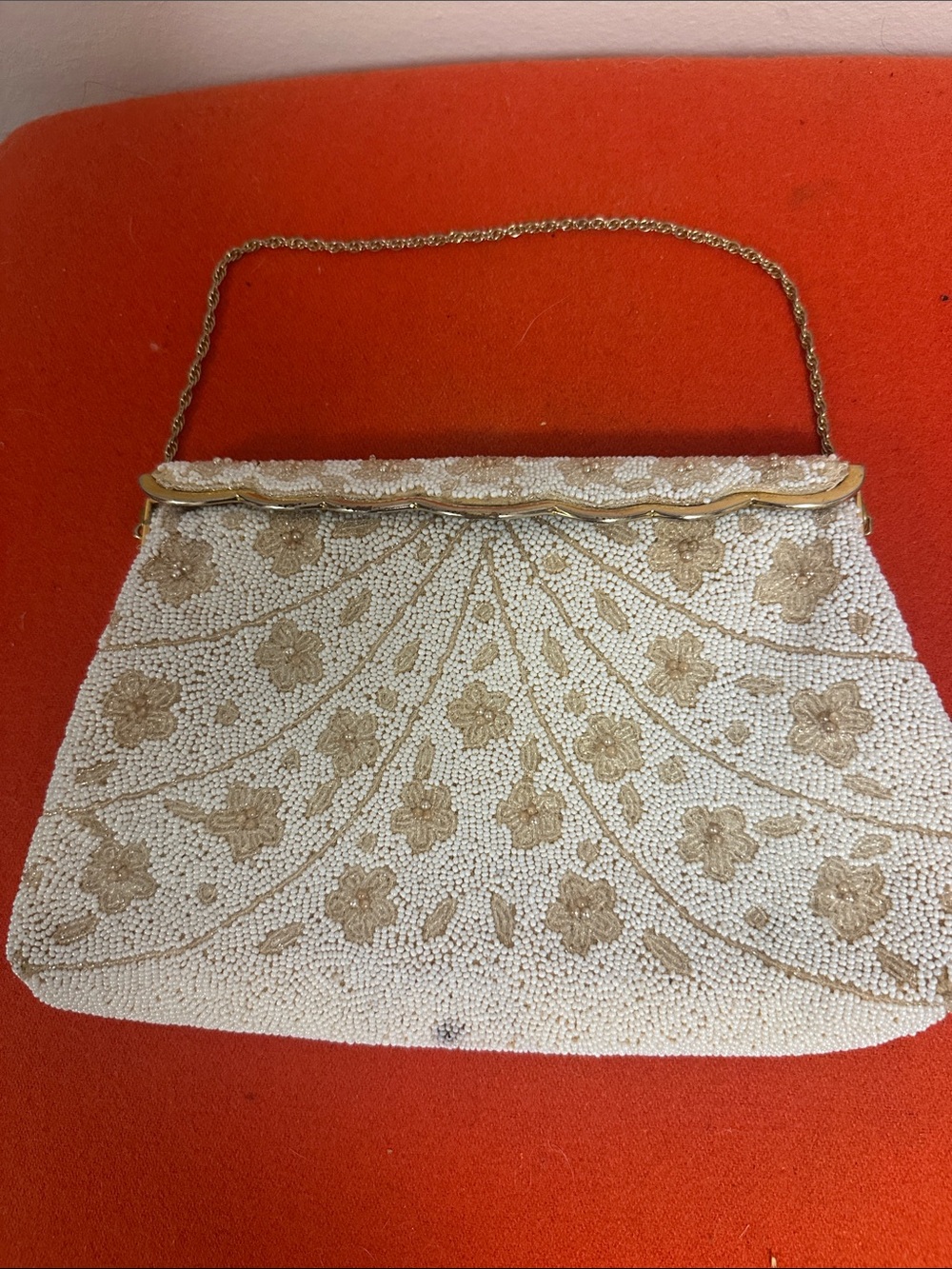 Beaded Floral Evening Clutch in Cream and Gold
